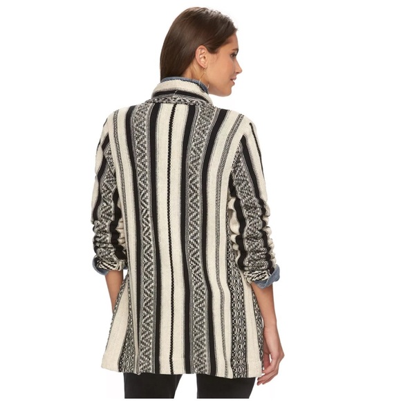 CHAPS DENIM Sweater Black Ivory Long Line Open Front Cardigan Knit Cotton Small - Picture 3 of 12